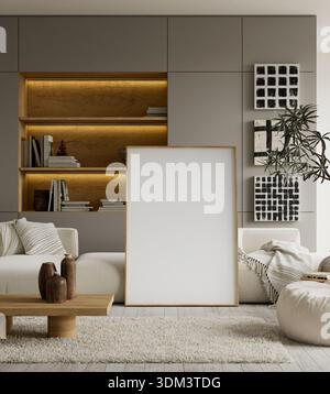 Arredi dal design minimalista e pulito, con una cornice a poster vuota, colori neutri e un'ampia parete per un layout moderno e contemporaneo Foto Stock