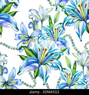 Vivace motivo ad acquerello senza cuciture con gigli in fiore intrecciati a delicati filamenti di perle. Il design botanico ripetuto Foto Stock