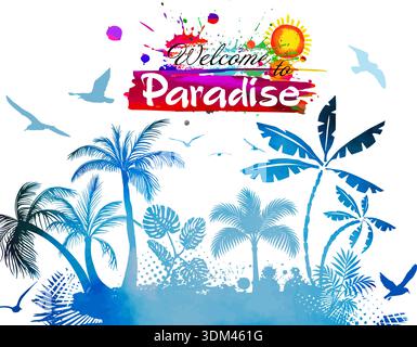 Benvenuti in paradiso astrazione di palme, mare e sole. Disegnato a mano. Non ai, illustrazione vettoriale Illustrazione Vettoriale