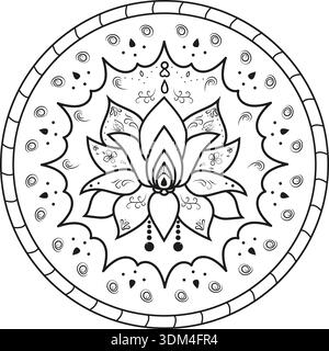 Intricato mandala bianco e nero con design a loto con motivi geometrici e motivi circolari. Art rangoli mandala con fiore di loto centrale per Illustrazione Vettoriale