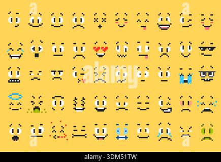 emoticon pixel art a 8 bit, icone di emoji vettoriali e volti di espressione dei personaggi dei cartoni animati. emoticon da 8 bit con felice, triste, arrabbiato, sorpreso e pianto espressione di gioia o tristezza, rabbia e risate Illustrazione Vettoriale
