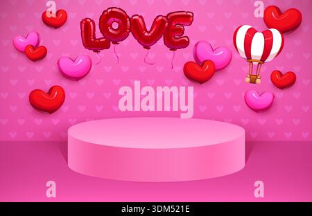 Il podio per prodotti cosmetici di San Valentino con cuori d'amore e palloncini ad aria calda appesi sopra, . Sfondo romantico 3d Vector Pink con palcoscenico circolare per feste d'amore o presentazioni natalizie Illustrazione Vettoriale