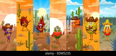 Divertente collage cartoni animati con cowboy, sceriffo, personaggi dei banditi. Uva con sigaro, ciliegia con chitarra, frutto del drago fuorilegge, avocado con dinamite, arancia con fucile, durian con pistola, mango in sombrero Illustrazione Vettoriale