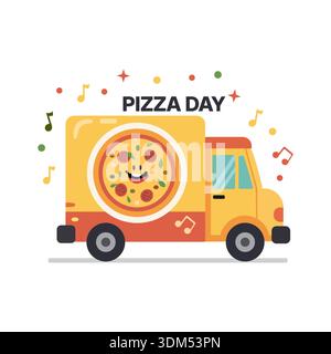 Allegro Pizza Delivery Truck con personaggio sorridente e celebrazione delle note musicali Illustrazione Vettoriale