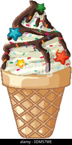 Illustrazione vettoriale di un bicchiere di vaniglia servito in un cono di cialda con cioccolato e spolverini a stella Illustrazione Vettoriale