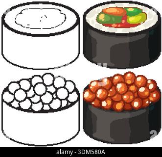 Illustrazione vettoriale piatta di sushi roll e maki di uova di salmone con colori e contorni Illustrazione Vettoriale