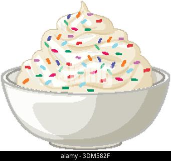 Immagine vettoriale della panna montata alla vaniglia con cospargoni arcobaleno all'interno di un recipiente di ceramica bianco Illustrazione Vettoriale