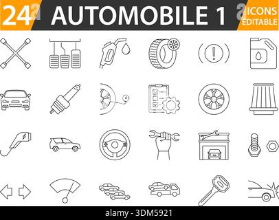 Set di icone della linea automobilistica con tratti modificabili. Illustrazione Vettoriale