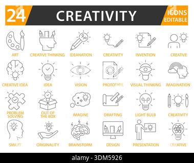 Set di icone della linea creatività con tratti modificabili. Illustrazione Vettoriale