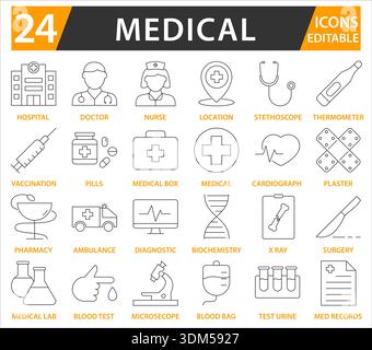 Set di icone della linea medica con tratti modificabili. Illustrazione Vettoriale