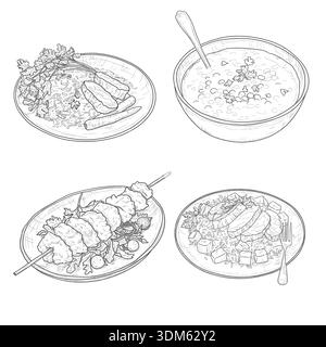 Piatto con pollo fritto, pilaf e zuppa di lenticchie, schizzo. Illustrazione vettoriale. Deliziosa cena sul piatto, isolata su sfondo bianco. Sano e sati Illustrazione Vettoriale