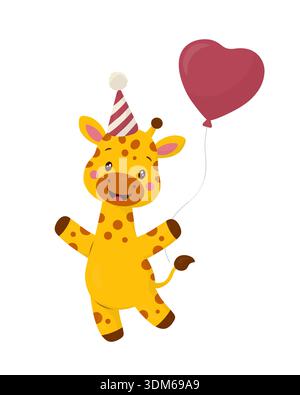Giraffa in un cappello da festa a righe con un palloncino rosso a cuore. Cartoni vettoriali piatti pastello. Simpatico animale da safari per il compleanno dei bambini Illustrazione Vettoriale