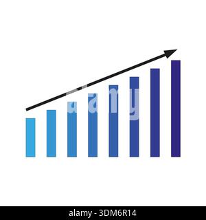 Grafico a barre della crescita aziendale. Grafico dei dati con sfumature blu. Linea vettoriale tendenza in aumento. Elemento presentazione statistica. Illustrazione Vettoriale