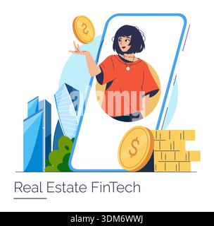 Illustrazione vettoriale che raffigura una donna che interagisce con la valuta digitale sul suo smartphone, circondata da grattacieli e simboli di valuta, che rappresenta concetti di tecnologia finanziaria immobiliare. Illustrazione Vettoriale
