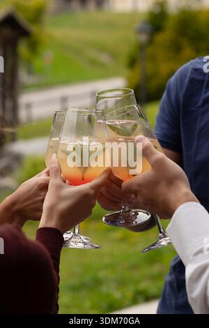Un gruppo di amici solleva i bicchieri per un brindisi all'aperto. I bicchieri sono pieni di cocktail, possibilmente varianti Spritz o Hugo, con lime Foto Stock