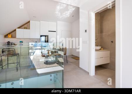 Cucina open space e bagno con eleganti armadi, tonalità neutre e ringhiera in vetro Foto Stock