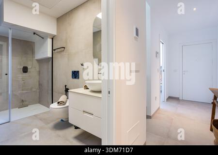 Bagno e ingresso contemporanei con tonalità neutre, finiture eleganti e layout open space Foto Stock