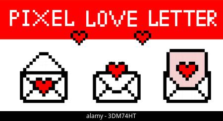 Pixel art ama la busta di posta con l'icona del cuore ispirata allo stile di un videogioco anni '90 che crea un concetto di valentine digitali per grafica vettoriale dell'interfaccia utente di gioco romantica Illustrazione Vettoriale