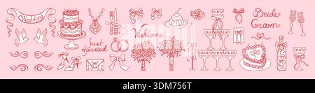 Set di illustrazioni per matrimoni disegnate a mano con inchiostro a doodle e stile di schizzo con gesso. Stravagante coquette atmosfera vintage elementi romantici per cene, torte, champagne, candele, fiocchi, simboli d'amore. Elegante e informale Illustrazione Vettoriale