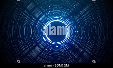 Elemento HUD circolare al neon luminoso sullo sfondo del circuito stampato. Design futuristico dei chip con tecnologia a portale brillante e modelli di processori digitali. Illustrazione Vettoriale