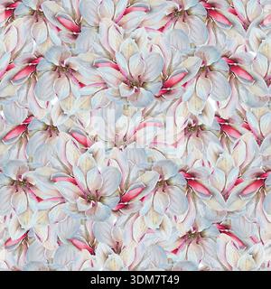 Motivo acquerello senza cuciture con fiori di magnolia rosa e bianco che si sovrappongono a petali e texture floreale. Illustrazione della carta da parati in tessuto fabri Foto Stock