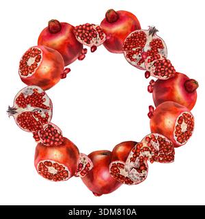 Corona tonda fatta di melograni interi e tagliati con semi luminosi, dipinta in stile acquerello. Illustrazione per il design dell'imballaggio, le etichette, i messaggi di saluto CA Foto Stock