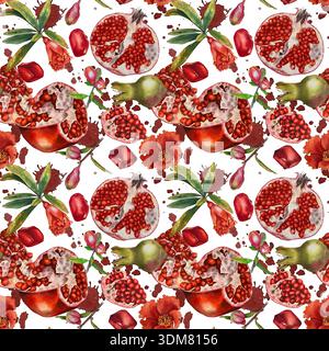 Acquerello motivo senza cuciture melograni interi semi di frutta aperti fiori boccioli e foglie su sfondo bianco. Illustrazione per il confezionamento di decorazioni per la cucina cosmetici festività ebraiche e Rosh Hashanah. Foto Stock