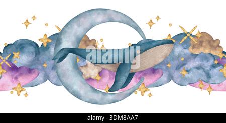 Bordo trasparente con acquerello con balena blu, luna crescente, nuvole e stelle dorate. Un'illustrazione pastello da sogno per decorazioni per vivai, carta da parati, tessuti e design avvolgente. Foto Stock