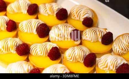 Le crostate di meringa al limone con un tocco di lampone fresco in multipli su un piatto rettangolare bianco e angolato creano un delizioso dessert di finger food Foto Stock