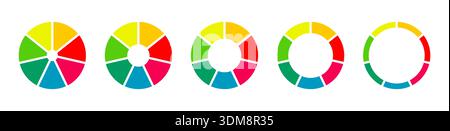 Torte segmentate su 7 parti uguali. Diagrammi ciambelle. Ruote divise in sette sezioni. Infografica diagrammi multicolore. Layout delle icone rotonde del grafico della pizza Illustrazione Vettoriale
