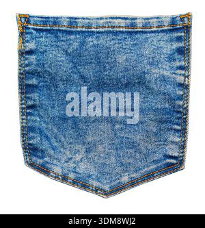 Tasca posteriore in denim che mostra la texture blu del tessuto e le forti cuciture arancioni Foto Stock
