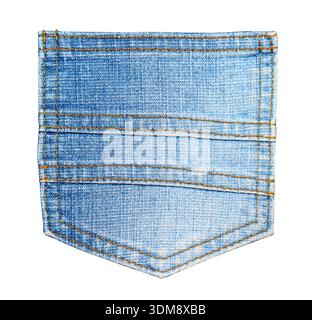 Tasca posteriore in denim blu con cuciture arancioni visibili, isolata su sfondo trasparente Foto Stock