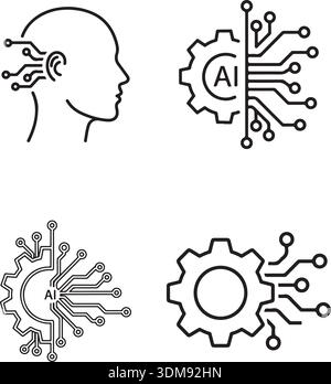 Set di 4 icone di intelligenza artificiale con Human Head e Gear Synergy per i concetti di automazione tecnologica Illustrazione Vettoriale