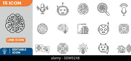 Set di 15 icone di linea modificabili per i concetti di intelligenza artificiale apprendimento automatico robotica e tecnologia neurale Illustrazione Vettoriale