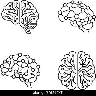 Set di 4 icone cerebrali digitali minimaliste che rappresentano le reti neurali l'intelligenza artificiale e l'apprendimento automatico Illustrazione Vettoriale