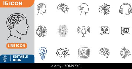 Set di 15 icone di linea modificabili per i concetti di intelligenza artificiale apprendimento automatico robotica e tecnologia neurale Illustrazione Vettoriale