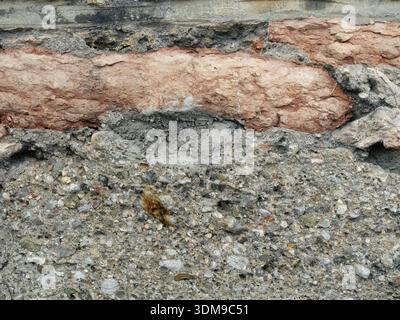 Dettaglio delle pareti intemprate con mattoni rossi, Malta ruvida e strati visibili. Foto Stock