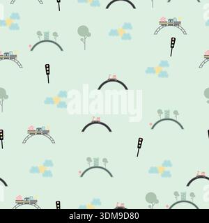 Schema urbano senza cuciture su sfondo di menta pastello con treni, scooter, strade, semafori, edifici, alberi, nuvole e sole Illustrazione Vettoriale