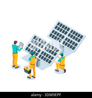 Operatori vettoriali isometrici vicino ai pannelli solari, a colori su sfondo bianco, manutenzione e installazione di pannelli solari elettrici Illustrazione Vettoriale