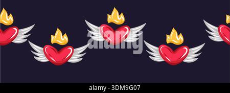 Cuori alati rossi con fiamme dorate. Bordo vettoriale senza cuciture.romantico simbolo d'amore per i disegni di San Valentino Illustrazione Vettoriale