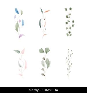 Sei delicate illustrazioni di acquerelli su uno sfondo bianco pulito. Questo set botanico presenta vari colori delicati, raffigurando rami naturali e fogliame con semplicità artistica. Illustrazione Vettoriale