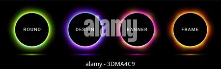 Cornice di sfondo rotonda illuminata al neon. design con pulsante ad anello rosso vettoriale circolare blu al neon 3d. Illustrazione Vettoriale