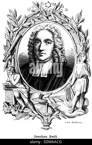 Jonathan Swift (1667-1745) scrittore irlandese, romanzo satirico viaggi di Gulliver, riccioli, parrucca, ritratto di personaggi famosi, ovale, numerose decorazioni, stelle Foto Stock