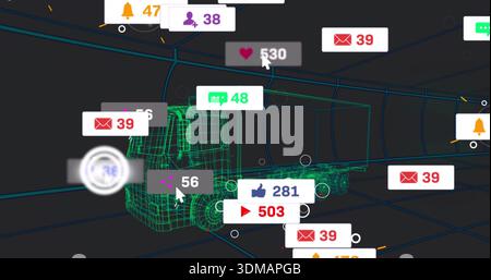 Visualizzazione del trattore-rimorchio a reticolo verde su una griglia blu, con badge e cursori dell'interfaccia utente Foto Stock