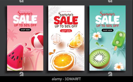 Set di poster clipart di vendita estiva. Promozione estiva offerta speciale sconto per lo shopping clip art con elementi estivi in colorate etichette di stagione tropicale sullo sfondo Illustrazione Vettoriale
