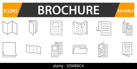 Set di icone della linea della brochure con tratti modificabili. Illustrazione Vettoriale