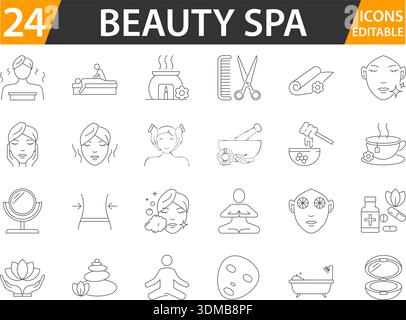 Set di icone della linea beauty spa con tratti modificabili. Illustrazione Vettoriale