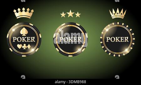 Eleganti chip da poker con accenti dorati che mostrano i simboli delle carte classiche su sfondo verde Illustrazione Vettoriale