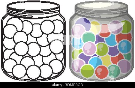 Illustrazione vettoriale di un vaso di caramelle a colori e con contorno in bianco e nero Illustrazione Vettoriale