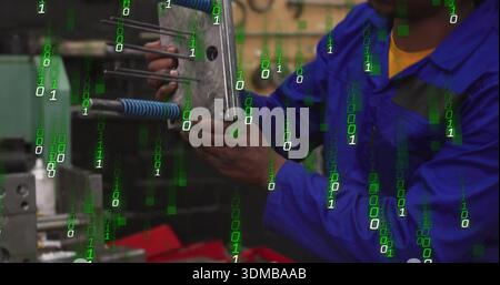 Piastra di supporto, lavoratore in tuta blu posizionamento molle elicoidali sul banco, rivestimento binario verde Foto Stock